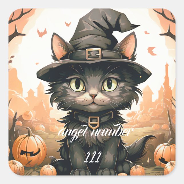 Adesivo Quadrado número de anjo personalizado Halloween Black cat (Frente)