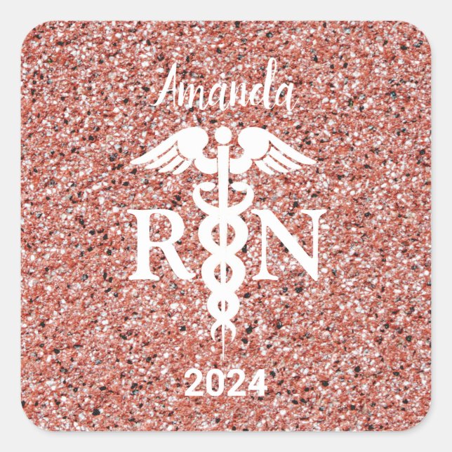 Adesivo Quadrado Nursing RN Graduation Pink Glitter Personalizado (Frente)