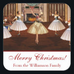 Adesivo Quadrado Nutcracker Merry Christmas Gift Stickers<br><div class="desc">Bonito presente digital de trabalho de arte digital de Nutcracker ou adesivos de etiqueta. Estes encantadores adesivos apresentam três bailarinas dançando com um preguiçoso no salão de baile. O fundo do adesivo tem um fundo branco e lê Feliz Natal em um roteiro elegante vermelho, e também uma área modelo para...</div>