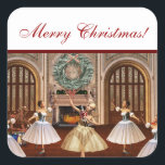 Adesivo Quadrado Nutcracker Merry Christmas Gift Stickers<br><div class="desc">Bonito presente digital de trabalho de arte digital de Nutcracker ou adesivos de etiqueta. Estes adesivos apresentam três bailarinas dançando com um preguiçoso no salão de baile. O topo do adesivo tem um fundo branco e lê Feliz Natal em um elegante roteiro vermelho. Isso daria uma bela adição à sua...</div>