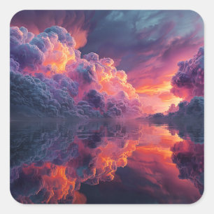 Adesivo Quadrado Nuvens do pôr do sol brilhante surreal refletidas