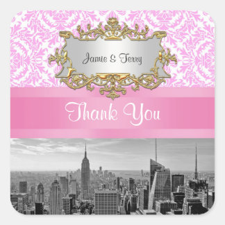 Adesivo Quadrado NY City Skyline BW D4P Brancos Rosa Damasco Obriga