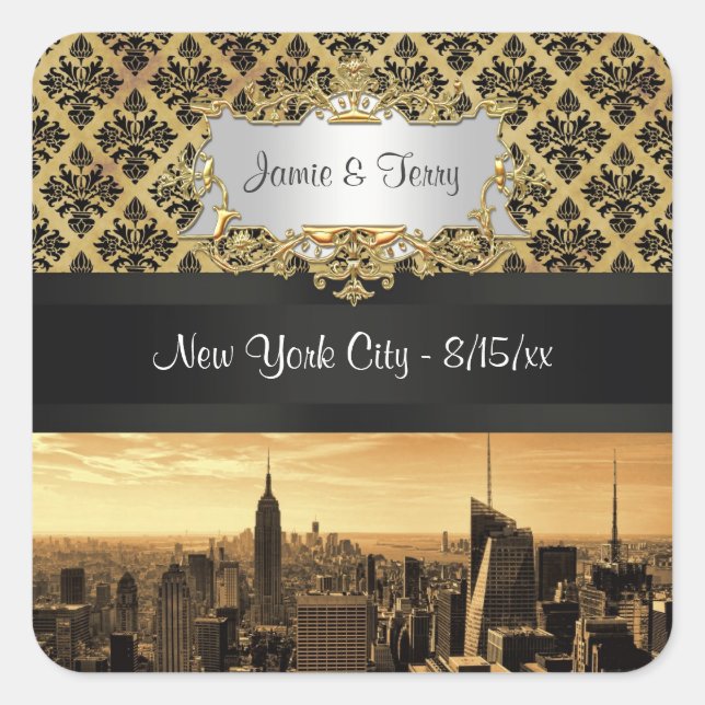 Adesivo Quadrado NYC Skyline Sepia B5 Blk Rib Damask Stickers (Frente)