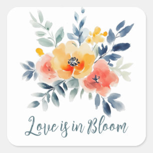 Adesivo Quadrado O Amor Está em Festa Aquarela Floral Chá de Noiva