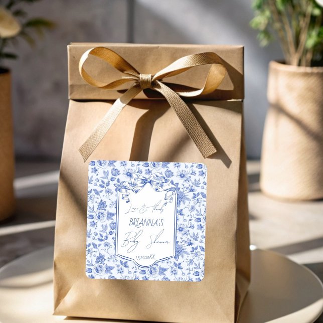 Adesivo Quadrado Ó chá de fraldas de desenho azul de bebê (Oh baby blue toile de jouy ribbon bow sketch baby shower thank you favor sticker personalized favors)