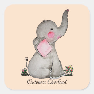 Adesivo Quadrado O elefante bonito do bebê da aguarela com cora &