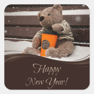 Adesivo Quadrado O feliz ano novo. Urso de ursinho