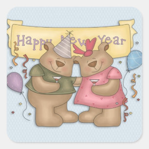 Adesivo Quadrado O feliz ano novo, ursos bonitos