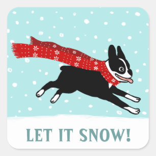 Adesivo Quadrado O feriado de inverno Boston Terrier deixou-o nevar