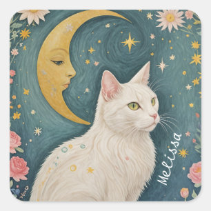 Adesivo Quadrado O Gato Branco Encantador com Olhos Verdes