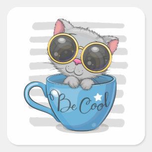 Adesivo Quadrado O lindo gatinho de desenho animado com óculos