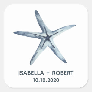 Adesivo Quadrado O monograma Wedding azul da estrela do mar  