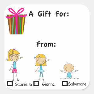 Adesivo Quadrado O Tag adorável do presente com 3 miúdos nomeia a