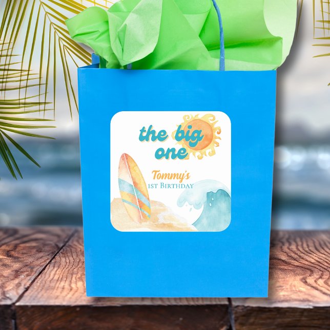 Adesivo Quadrado O Vinheta Grande de primeiro aniversario de praia  (The Big One Watercolor Beach 1st Birthday Sticker
)