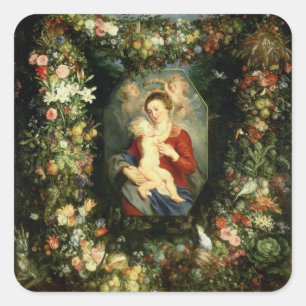 Adesivo Quadrado O Virgin e a criança em uma festão da fruta e do
