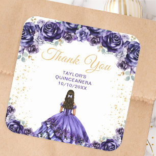 Adesivo Quadrado Obrigada à Princesa Roxa Escura Quinceañera
