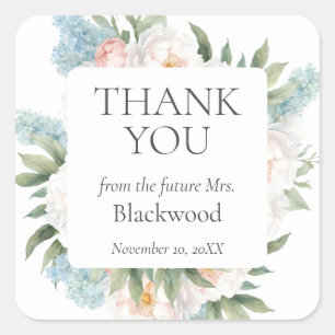 Adesivo Quadrado Obrigada FLORES MACIAS AZUIS ROSADAS NOIVA