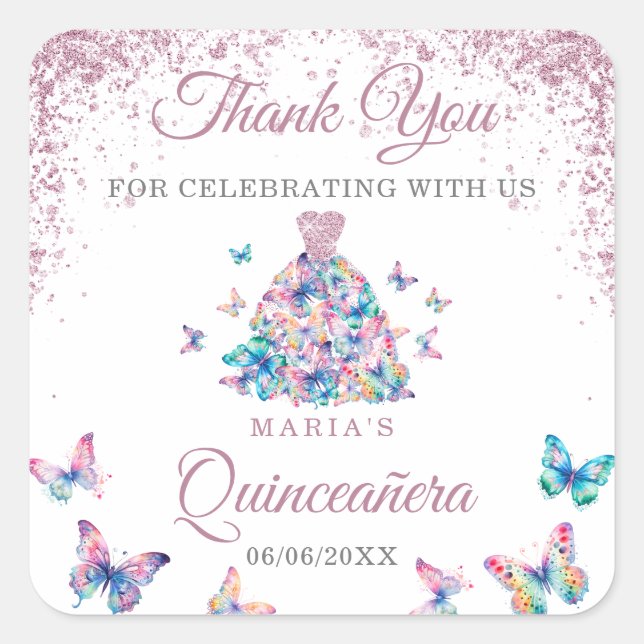 Adesivo Quadrado Obrigado A Espetar Borboletas Gown Quinceanera (Frente)