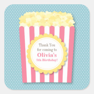 Adesivo Quadrado Obrigado Aniversário de criança Popcorn Stickers