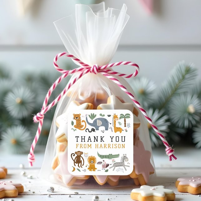 Adesivo Quadrado Obrigado Aniversário Dois Animais Selvagens Safari (Criador carregado)