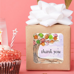 Adesivo Quadrado Obrigado - Árvore De Folheto De Aquarela