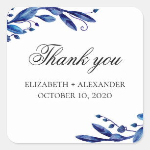 Adesivo Quadrado Obrigado azul do casamento você. Aguarela floral