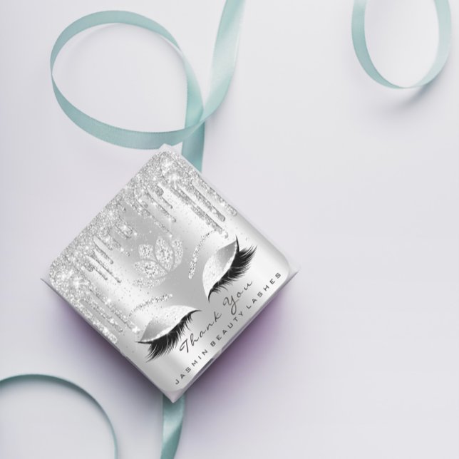 Adesivo Quadrado Obrigado Bela Lashes Lotus Bridal Cinza Brilhante (Thank You Beauty Lashes Lotus Bridal Gray Glitter Square Sticker)