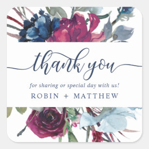 Adesivo Quadrado Obrigado Berry Blue Burgundy Floral Casamento Favo