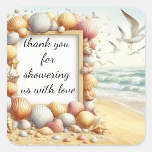 Adesivo Quadrado Obrigado Boho Beach Shell Baby Shower Clássico Rou