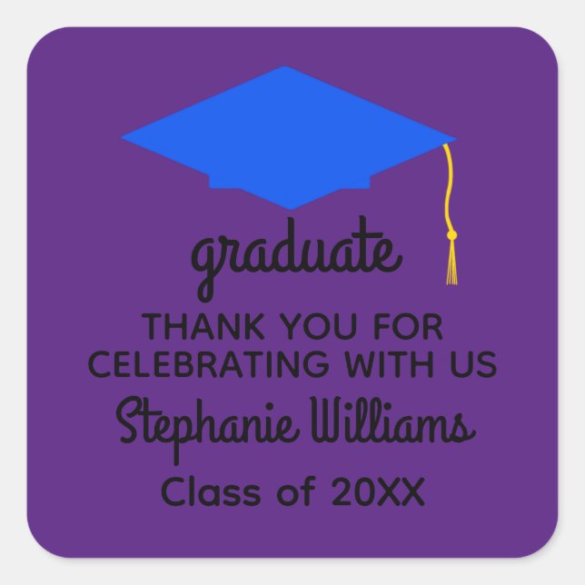 Adesivo Quadrado Obrigado Boné de formatura Azul nº 1 (Frente)