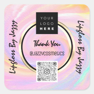Adesivo Quadrado Obrigado Business Código QR Logotipo rosa Holográf
