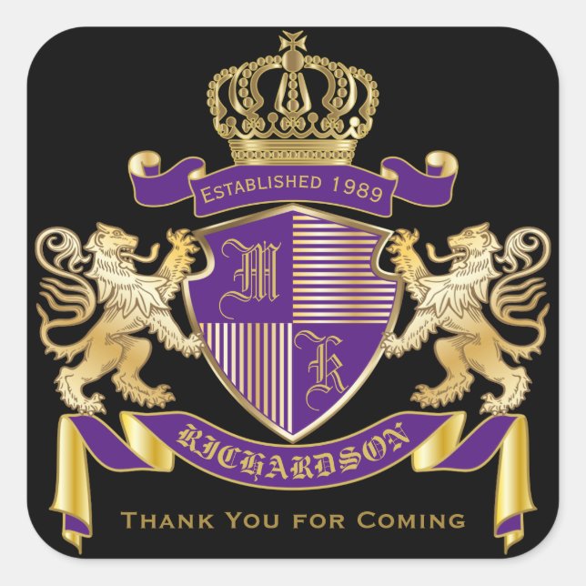 Adesivo Quadrado Obrigado Casaco de Braços Monograma Ouro Lion Embl (Frente)