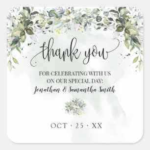 Adesivo Quadrado Obrigado, casamento de eucalipto suculento.