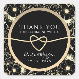 Adesivo Quadrado Obrigado Casamento Dourado Floral e Preto