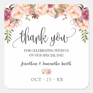 Adesivo Quadrado Obrigado Casamento floral rosa