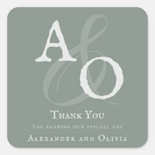 Adesivo Quadrado Obrigado Casamento Monograma Minimalista Verde Sal