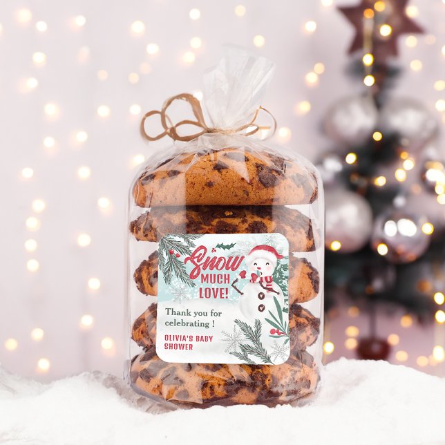 Adesivo Quadrado Obrigado chá de fraldas de gelo de pinheiro verde (Winter green pine ice snowman baby shower thank square sticker)