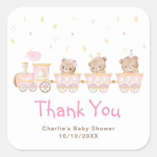 Adesivo Quadrado Obrigado Chuveiro de Bebê Trem Rosa Urso