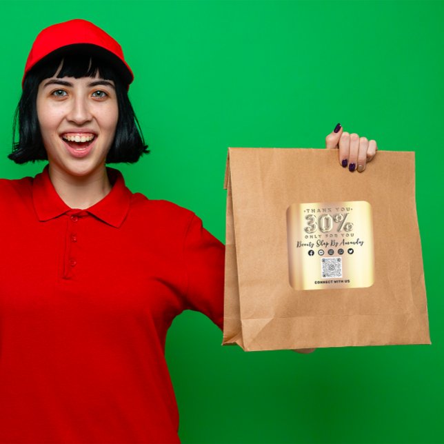 Adesivo Quadrado Obrigado Comprando 30% de Falso CÓDIGO QR Dourado (Thank Shopping 30%Off QR CODE Faux Gold Square Sticker)