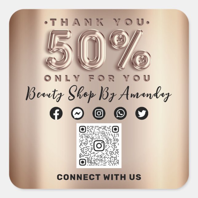 Adesivo Quadrado Obrigado Comprando Rosa a 50% do CÓDIGO QR Online (Frente)