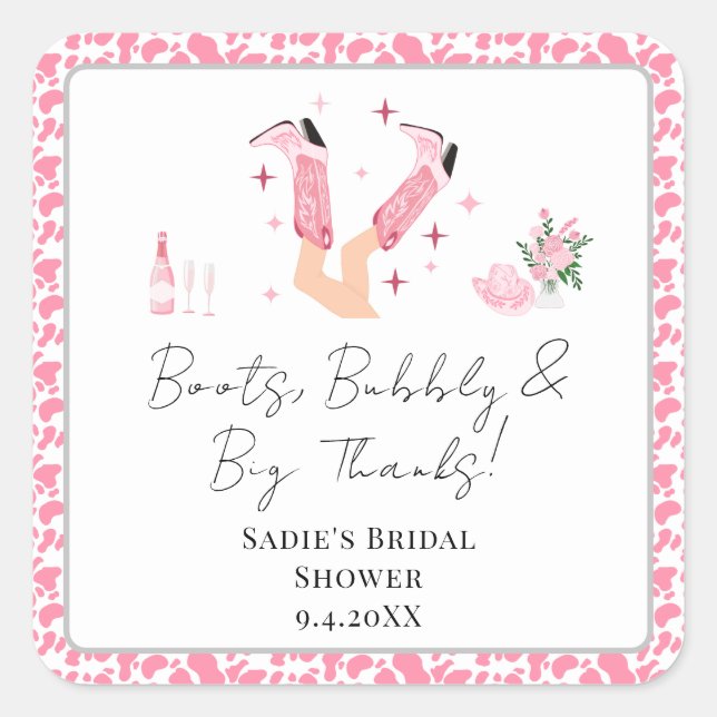 Adesivo Quadrado Obrigado Cowboy Botas e Bridal Shower Espumante  (Frente)