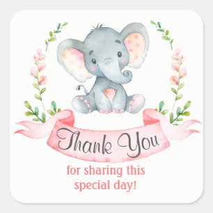 Adesivo Quadrado Obrigado da menina do elefante da aguarela você