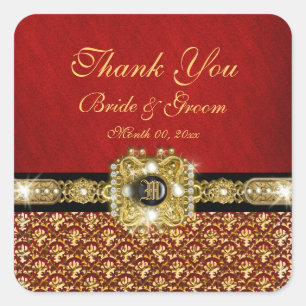 Adesivo Quadrado "Obrigado" damasco vermelho preto do ouro