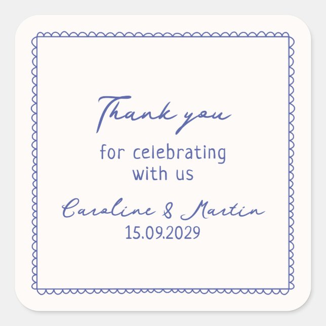 Adesivo Quadrado Obrigado de casamento branco e desenhado pela mão  (Frente)