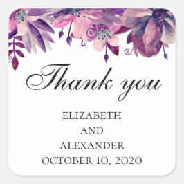 Adesivo Quadrado Obrigado de casamento rosa púrpura. Flores de aqua