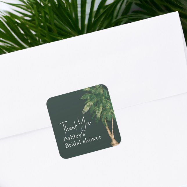Adesivo Quadrado Obrigado de noiva de palmeira-palmeira tropical (Tropical greenery script palm tree bridal thank square sticker)