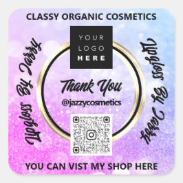 Adesivo Quadrado Obrigado Empresa Código QR Logotipo rosa azul