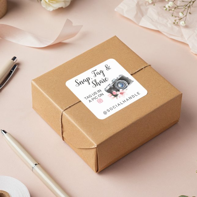 Adesivo Quadrado Obrigado Encaixar, Etiquetar e Compartilhar Câmera (Thank You Snap, Tag & Share Chic Watercolor Camera)