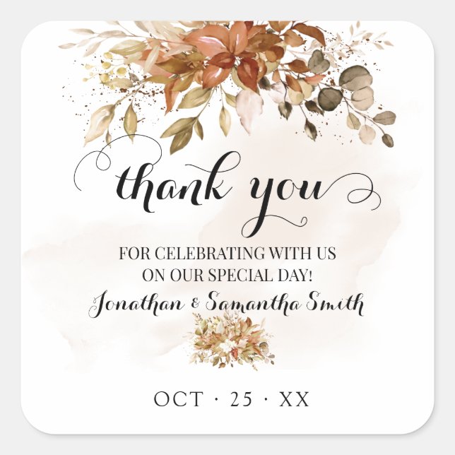 Adesivo Quadrado Obrigado Fall eucalyptus Chá Autumn Wedding (Frente)