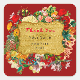 Adesivo Quadrado Obrigado Favor Ouro Frame Rosas Floral Burgund